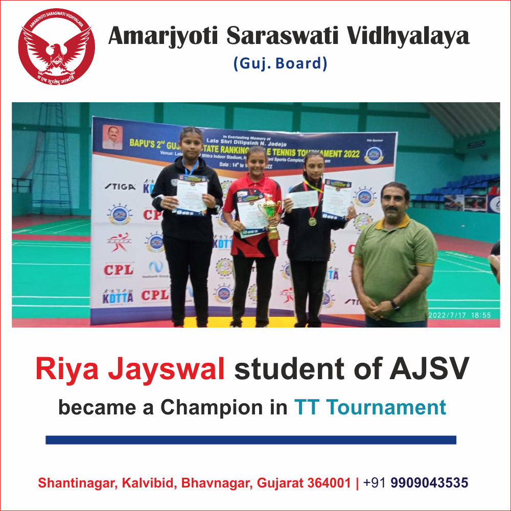 Riya Jayswal student of AJSV became a Champion in TT Tournament